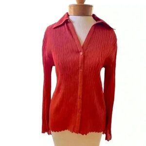 E.K. Designs women's vintage button down semi sheer blouse scallop hem & sleeve.